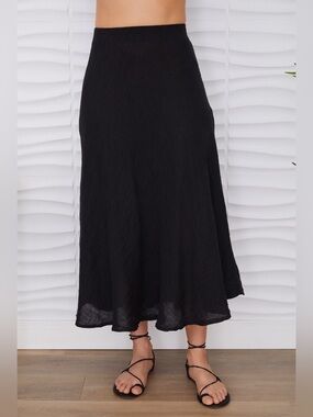 (113002-BLC) SOLID LINEN MIDI SKIRT